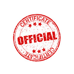 Red, retro shapes. Official certificate. Round rubber texture. Vintage stamp on white background. Circle grunge element for seal . Crack effect