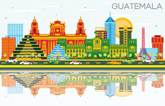 Guatemala Skyline with Color Buildings, Blue Sky and Reflections.