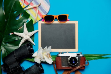 blackboard and palm leaf,binoculars and sunglasses. Objects isolated on blue background