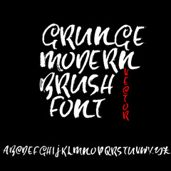 Grunge distress font. Modern dry brush ink letters. Handwritten alphabet. Vector illustration.