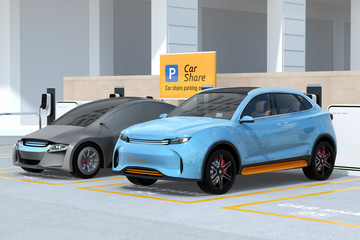 Plakat Electric SUV and self-driving sedan in car share parking lot. Car sharing concept. 3D rendering image.