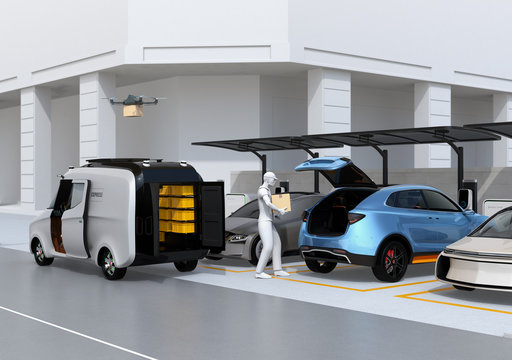 Delivery staff carrying package to blue car trunk in parking lot. Drone takes off from delivery van to delivering parcel. Concept for last one mile concept. 3D rendering image.