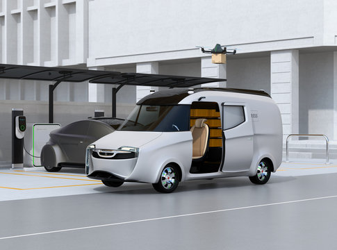 Drone takes off from delivery van to delivering parcel. Metallic gray electric car charging at parking lot. Last one mile concept. 3D rendering image.