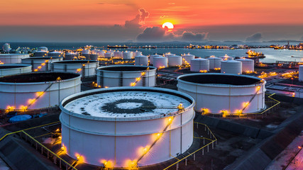 Aerial view oil terminal is industrial facility for storage of oil and petrochemical products ready...