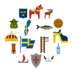 Sweden travel set flat icons