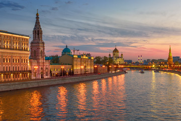 Sunset view of Cathedral of Christ the Savior, Moscow Kremlin and Moscow river. Architecture and landmarks of Moscow, Russia