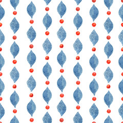 Watercolor seamless pattern with blue leaves and red dots