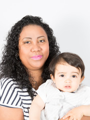 mixed race family Mother and son together isolated on white