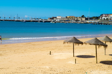 Soft wave of blue ocean on white sand beach , Seascape background