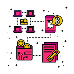 Blockchain vector illustration. Bitcoin and Ethereum trading concept.