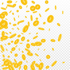 Bitcoin, internet currency coins falling. Scattered disorderly BTC coins on transparent background. Alive left gradient vector illustration. Jackpot or success concept.