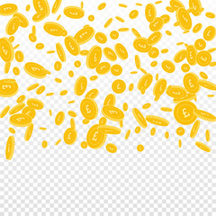 British pound coins falling. Scattered disorderly GBP coins on transparent background. Indelible top gradient square vector illustration. Jackpot or success concept.