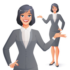 Beautiful smiling businesswoman presenting. Full length isolated vector illustration.