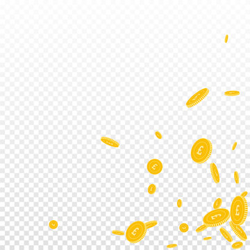 British pound coins falling. Scattered disorderly GBP coins on transparent background. Artistic scattered bottom right corner vector illustration. Jackpot or success concept.