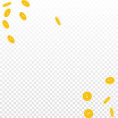 American dollar coins falling. Scattered sparse USD coins on transparent background. Imaginative scatter abstract corners vector illustration. Jackpot or success concept.