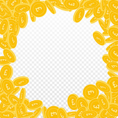 British pound coins falling. Scattered big GBP coins on transparent background. Fascinating round random frame vector illustration. Jackpot or success concept.