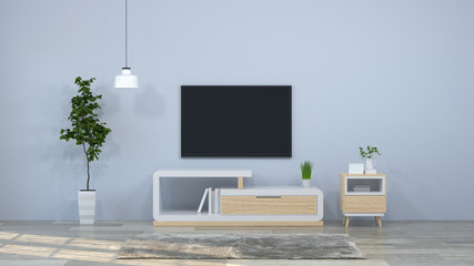 Mockup Template interior background wood cabinet with hanging lamps in modern empty room 3d illustration with Tv hang on the wall,home designs,background shelves and books on the desk