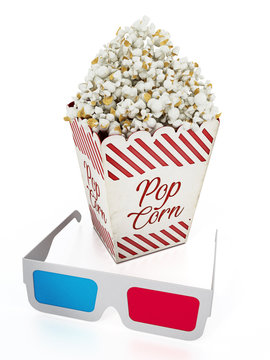 Popcorn and 3D anaglyph glasses isolated on white background. 3D illustration