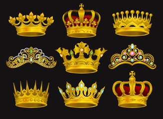 Realistic vector set of golden crowns and tiaras decorated with precious stones. Shiny headdress of royal person © Happypictures