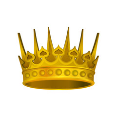 Realistic icon of shiny golden crown. Headdress of royal person. Vector element for luxury label or logo