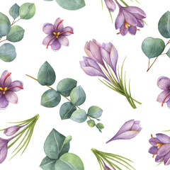Watercolor vector seamless pattern with silver dollar eucalyptus leaves and flowers of saffron.