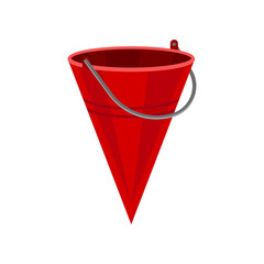 Bright flat vector illustration of red cone shaped metal bucket. Equipment using for prevent or extinguish fire