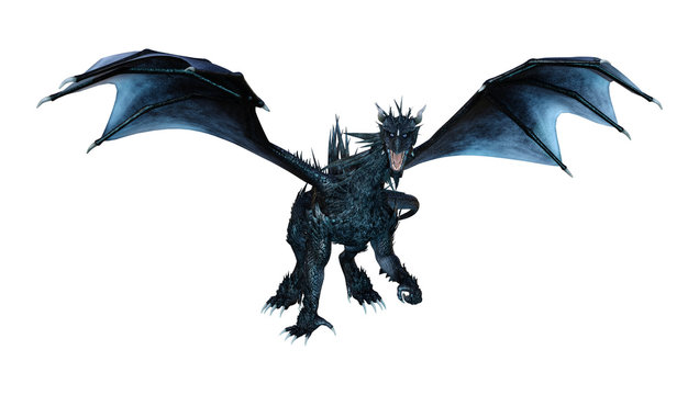 3D Rendering Fantasy Black Dragon on White