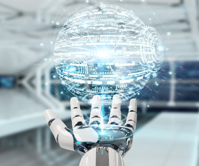 White robot hand using digital globe hud interface 3D rendering