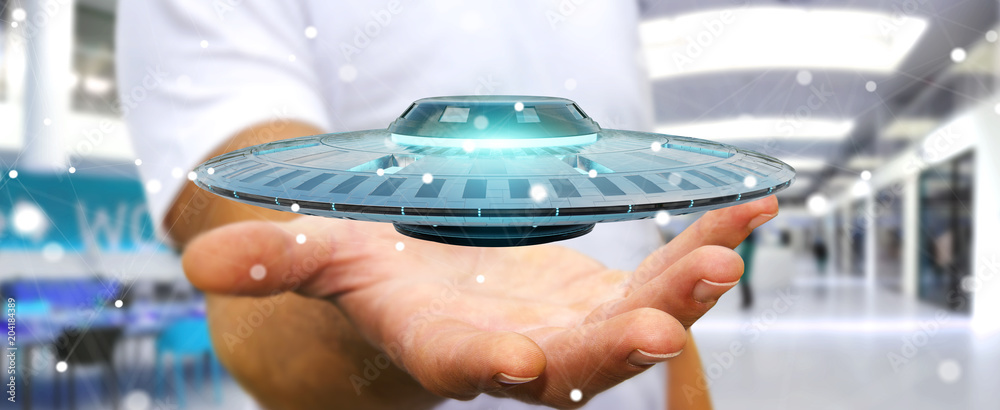 Poster businessman with retro ufo spaceship 3d rendering