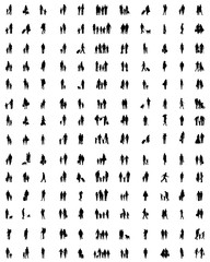 Black silhouettes of families in walk on a white background