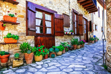 Beautiful floral streets and houses of old traditional villages of Cyprus. Lefkara