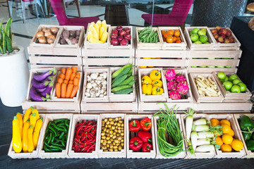 Good choice of fresh fruit and vegetables in the wooden crates