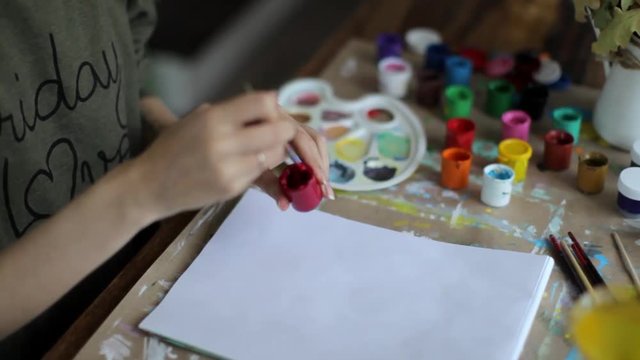 woman draws a picture, mixes paints