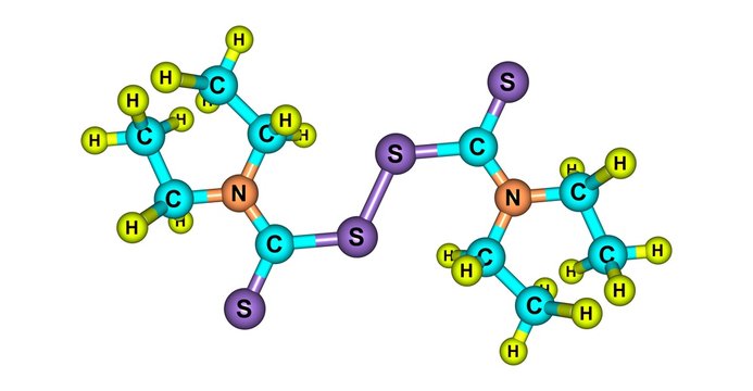 Disulfiram molecular structure isolated on white