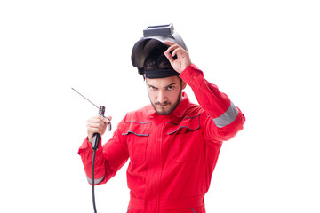 Funny welder isolated on white background