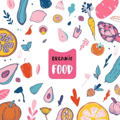 Vector illustration with different vegetables. Scandinavian style. Backdrop texture for organic farm or eco food restaurant.