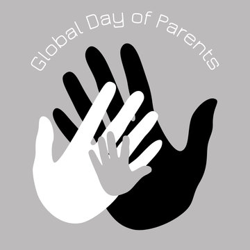 Global Day of Parents. Planet Earth. Palms of the father, mother and the child. White, gray, black