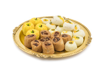 Indian Mix Sweet Peda with Bhakarwadi or Apple Shaped peda Also Know as bakarwadi, bakarvadi, pedha or peday is a prepared in thick, semi-soft pieces. the main ingredients are khoya, sugar