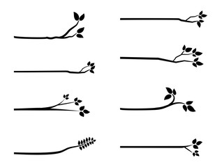 Black vector tree branch silhouettes with leaves for graphic design, backgrounds and greeting cards - 204189343