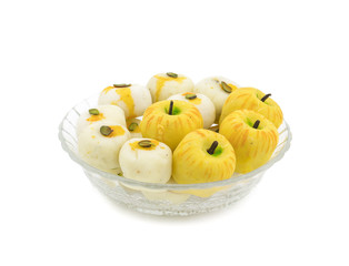 Indian Mix Sweet Food Apple Shaped Peda With White Peda Also Know as pedha, pera or peday is a prepared in thick, semi-soft pieces. the main ingredients are khoya, sugar and flavorings