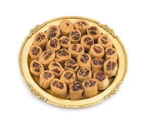 Indian Fried Bhakarwadi Tea Time Snack also known as bakarwadi, bakarvadi, bakar vadi, bakar wadi or spring roll is a traditional spicy Maharashtra and Gujarat Snack isolated on White Background