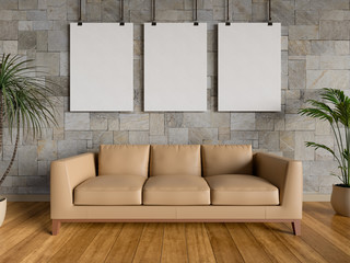 Mock up poster in living room. 3D rendering