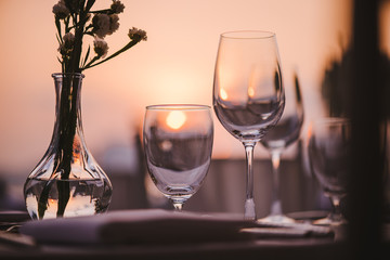 Table setting at a luxury wedding and Beautiful flowers on the table.