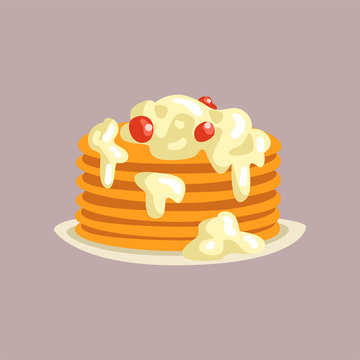 Fresh tasty pancakes with cream and berries on a plate, traditional breakfast food vector Illustration