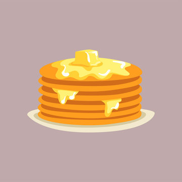 Fresh tasty pancakes with butter on a plate, traditional breakfast food vector Illustration