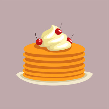 Fresh tasty pancakes with whipped cream and cherries on a plate, traditional breakfast food vector Illustration