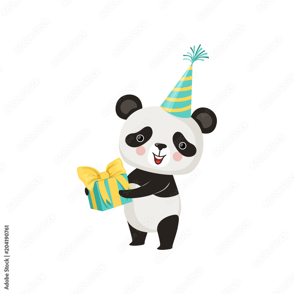 Sticker cute panda in party hat with gift box in paws. adorable bamboo bear with pink cheeks. flat vector de