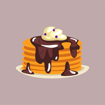 Fresh tasty pancakes with chocolate and whipped cream on a plate, traditional breakfast food vector Illustration