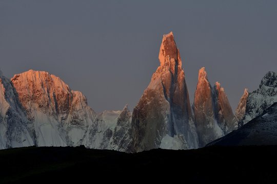Snow-covered massif of Cerro Torre at sunrise, Los Glaciares National Park, El Chalten, Santa Cruz Province, Argentina, South America