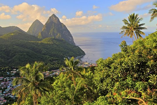 Tropical landscape with view of the village and the two Pitons, Gros Piton 770m and Petit Piton 743m, early morning sun, Soufriere, St. Lucia, Little Antilles, West Indian Islands, Caribbean Sea